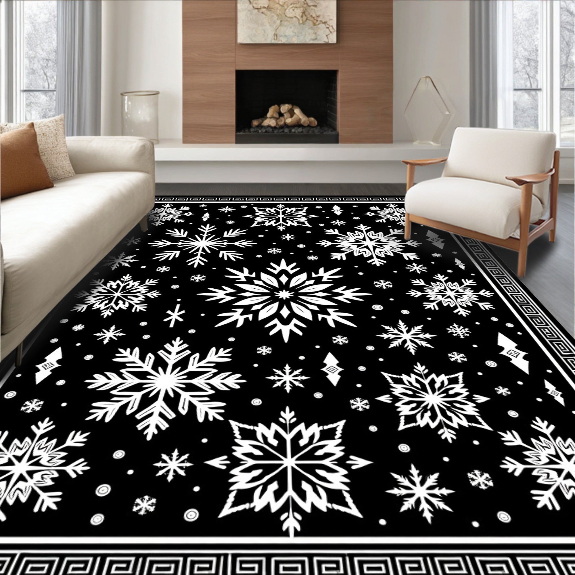 Snowflake Scatter Black White Rug