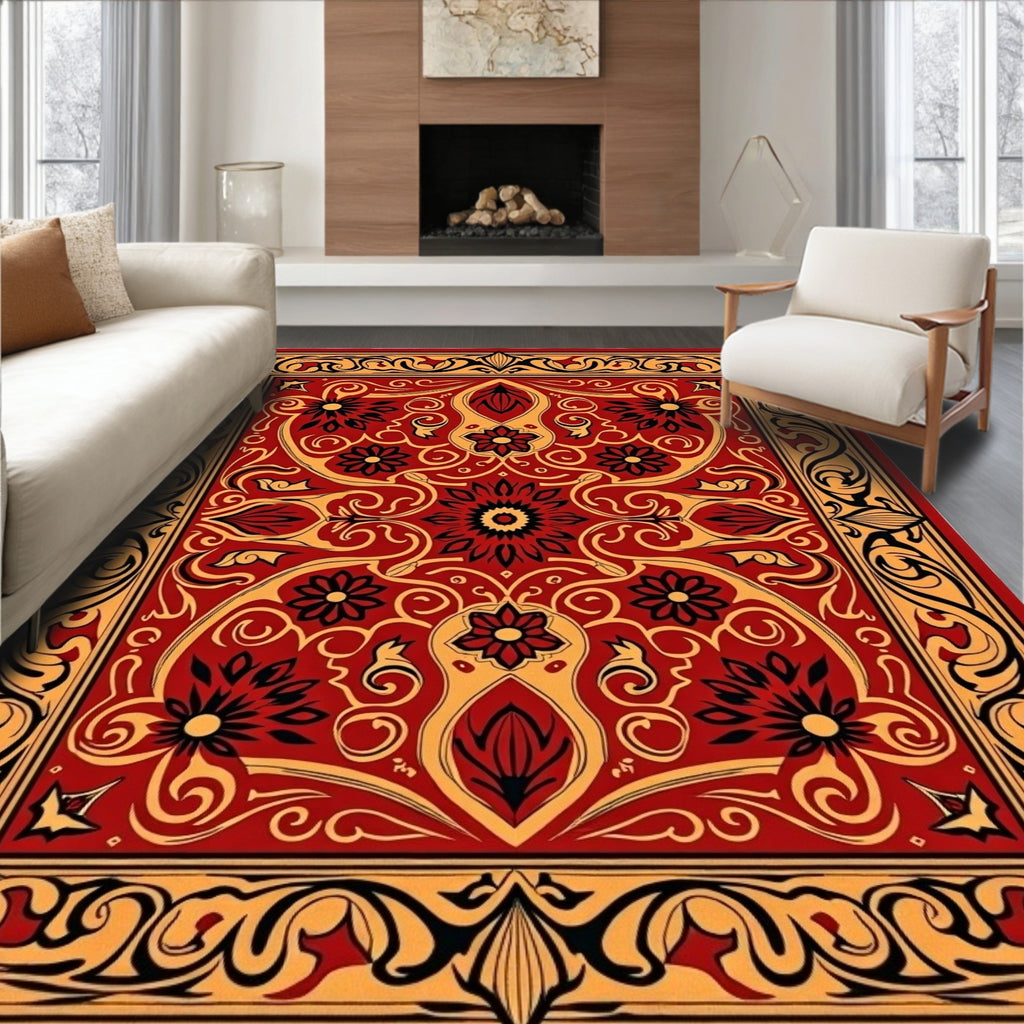 Crimson and Gold Floral Symmetry Rug