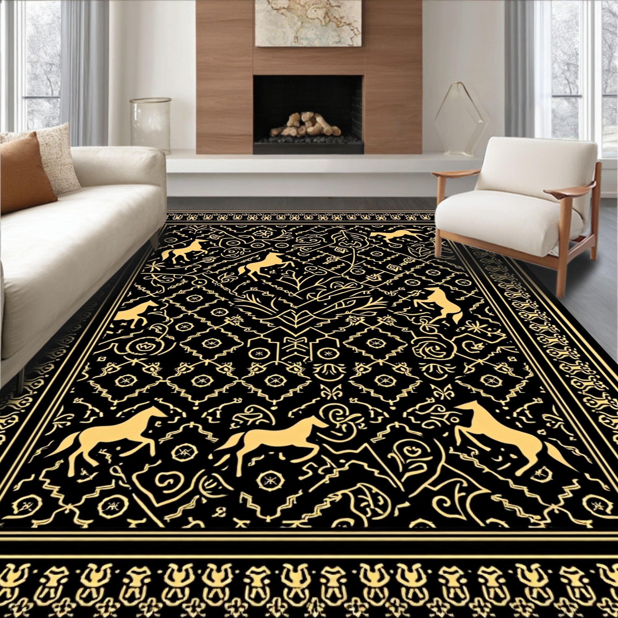 Golden Horses Regal Black Tapestry Rug