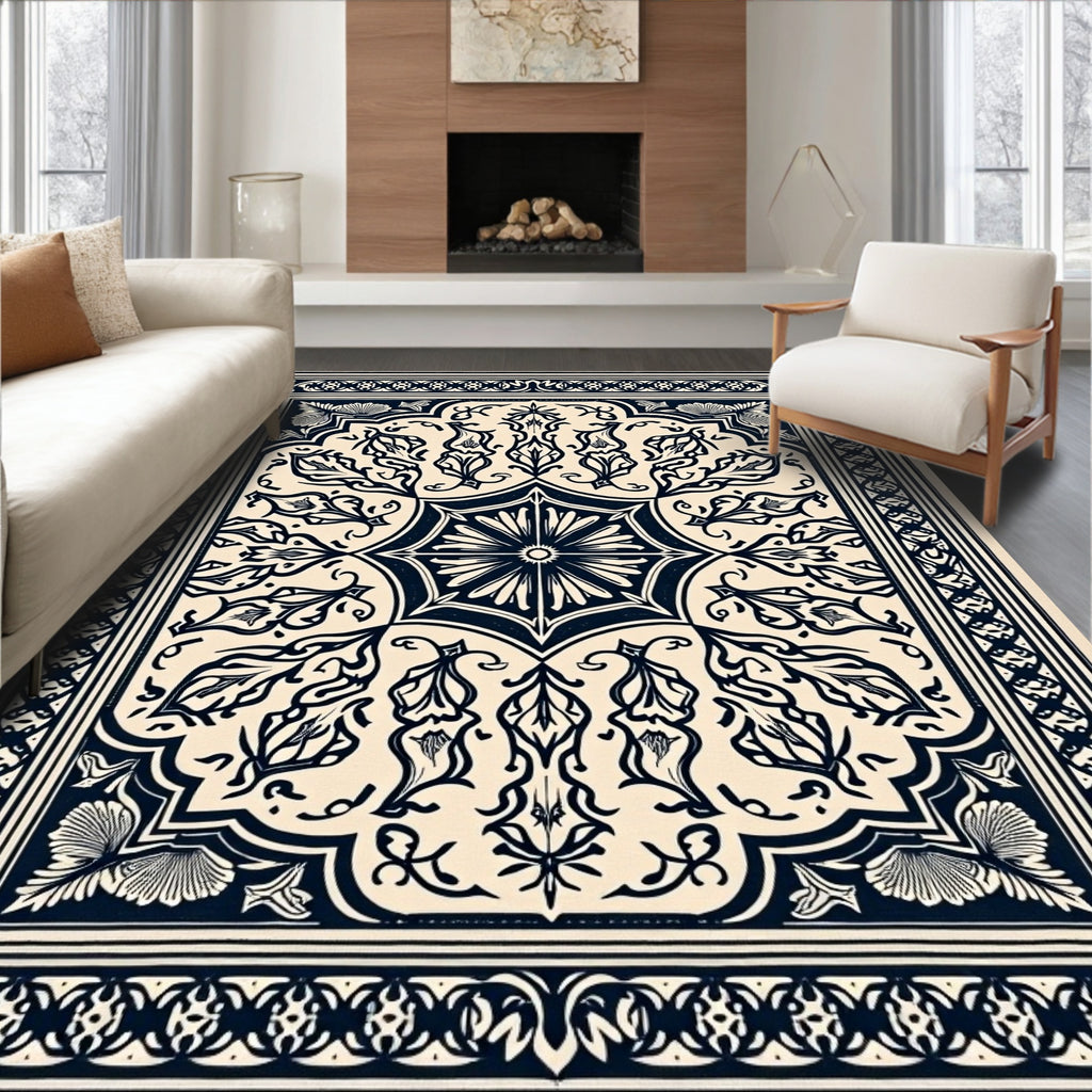 Dark Blue Floral Medallion Border Rug