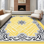 Yellow Black Floral Geometric Border Rug