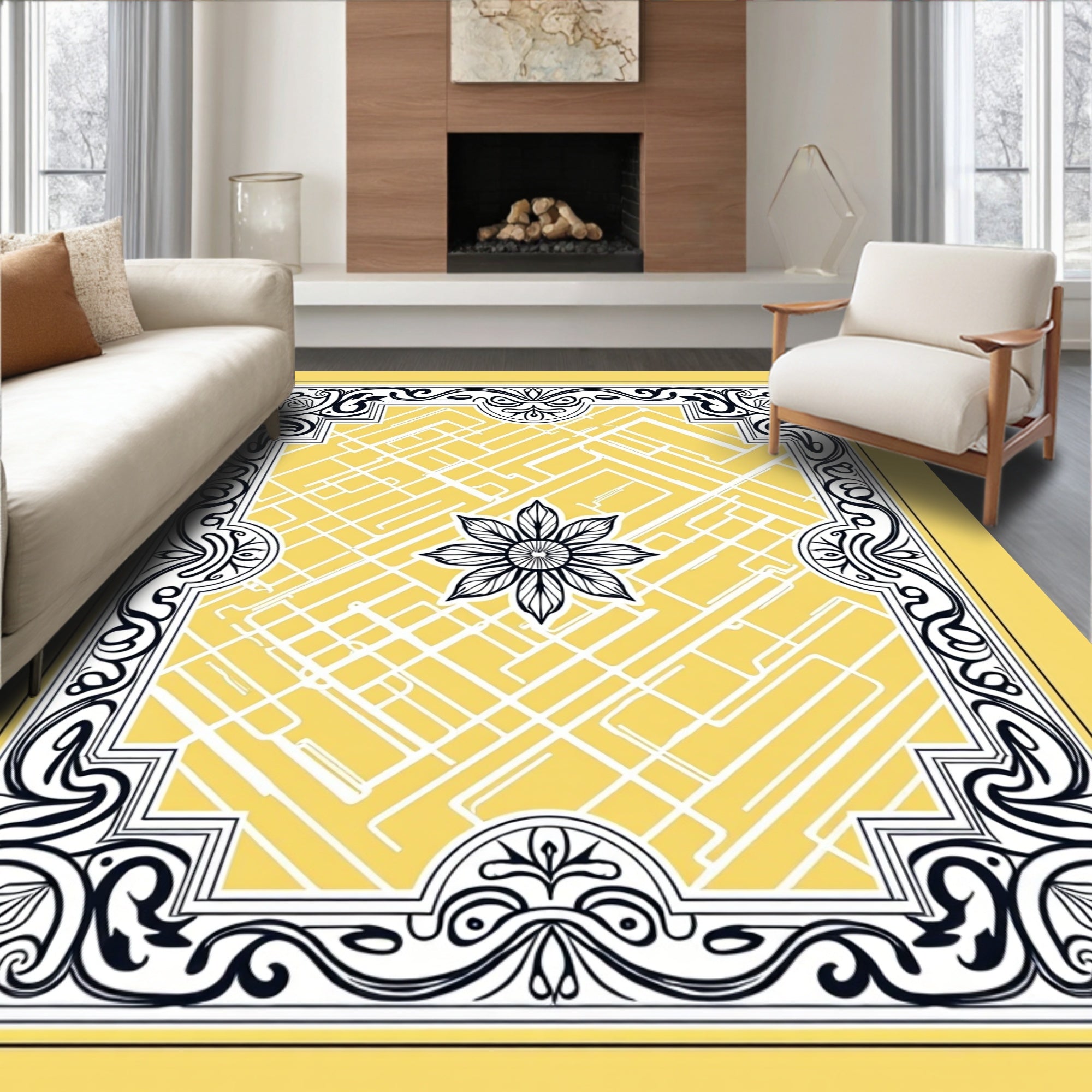 Yellow Black Floral Geometric Border Rug