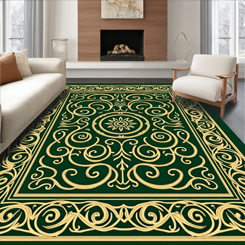 Ornate Green Gold Laurel Scrollwork Rug