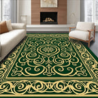 Ornate Green Gold Laurel Scrollwork Rug