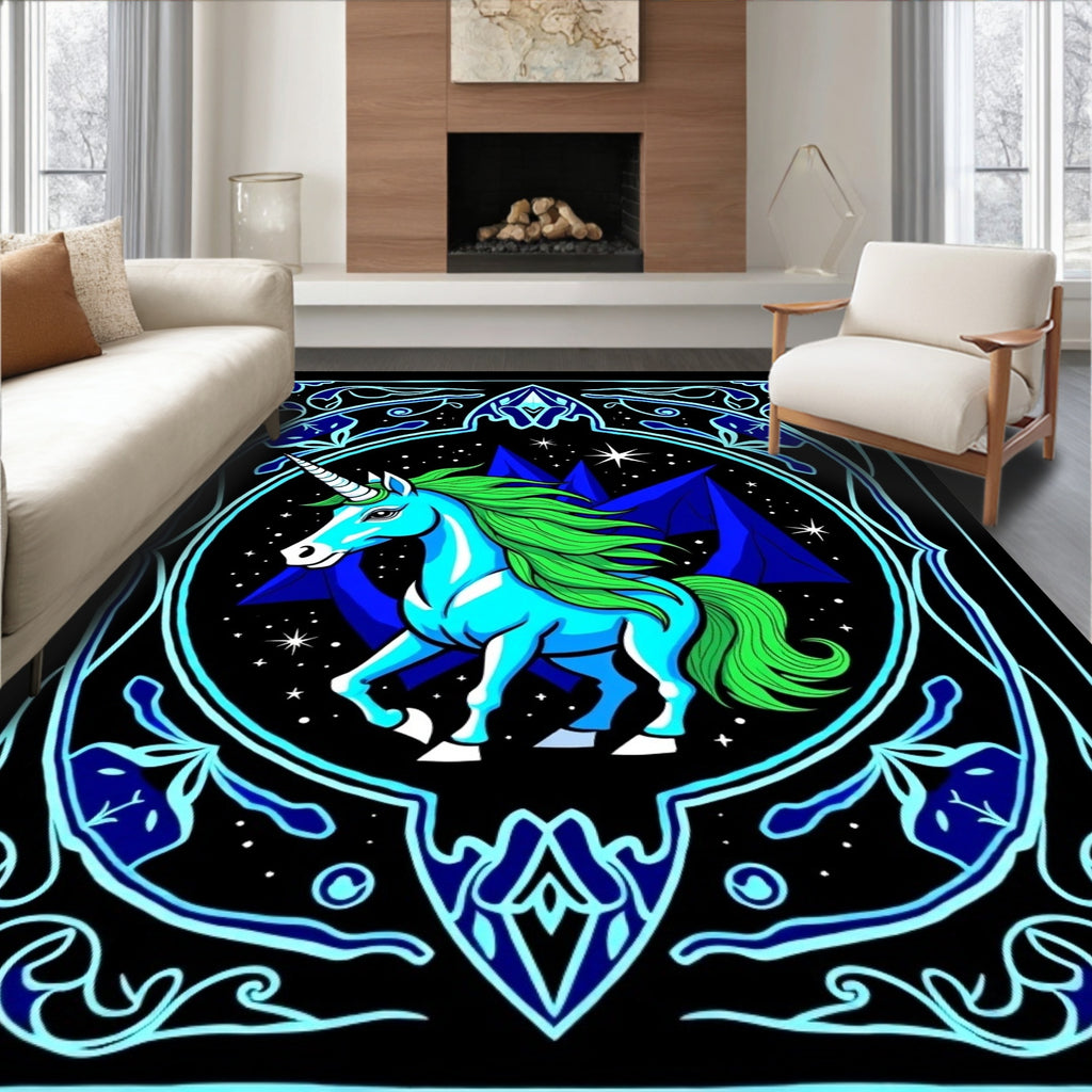 Blue Neon Unicorn Cosmic Night Rug