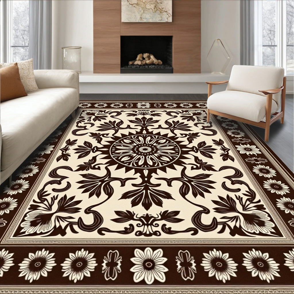 Dark Brown Cream Floral Medallion Border Rug