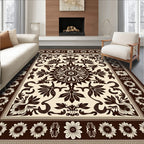 Dark Brown Cream Floral Medallion Border Rug