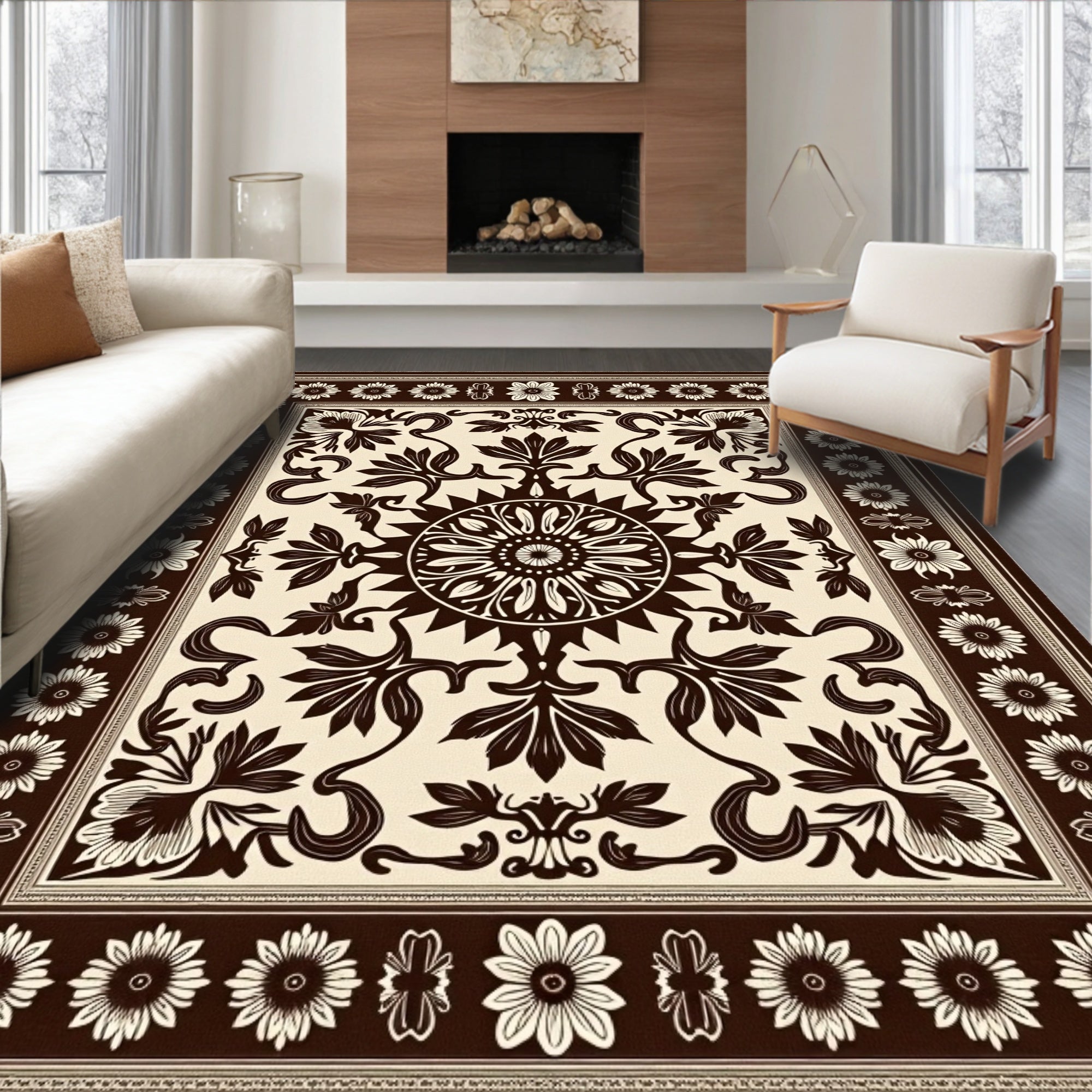 Dark Brown Cream Floral Medallion Border Rug