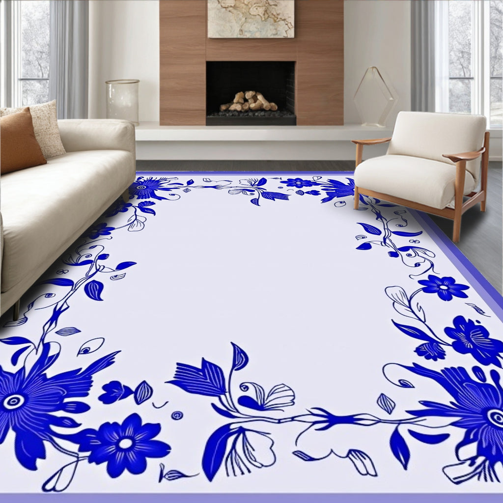 Vibrant Blue Floral Garland Border Rug
