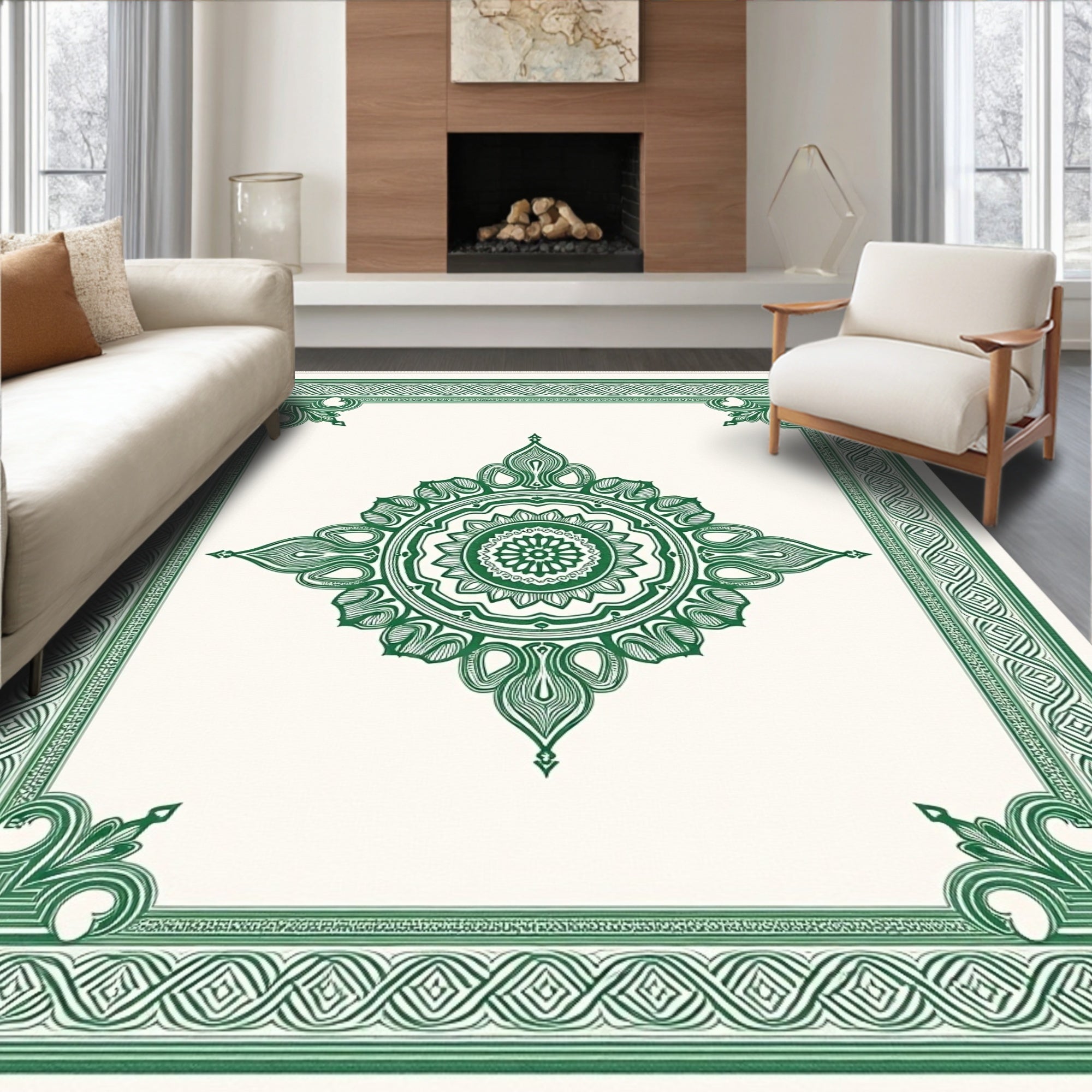 Emerald Green Medallion Floral Border Rug