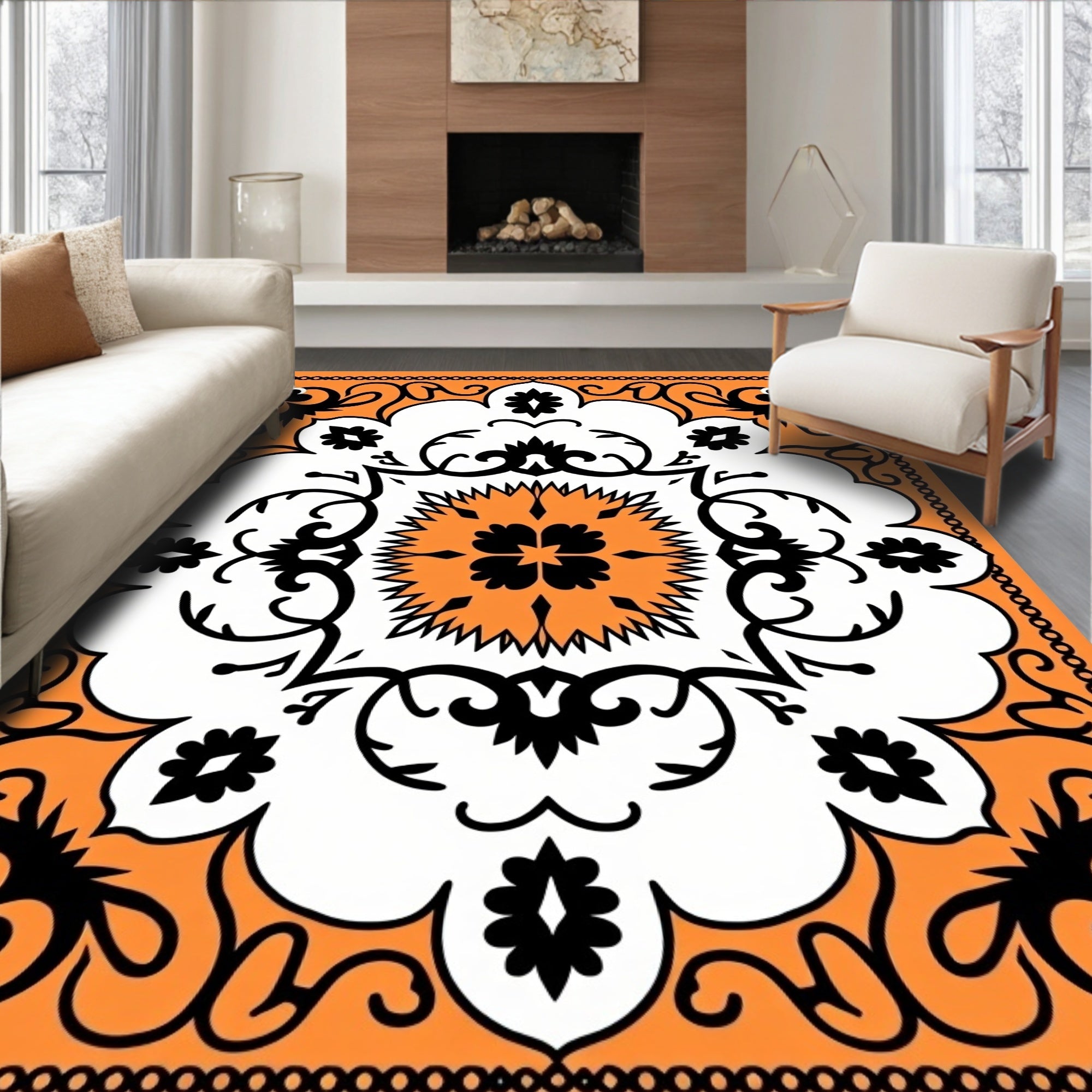 Orange Black White Floral Medallion Rug