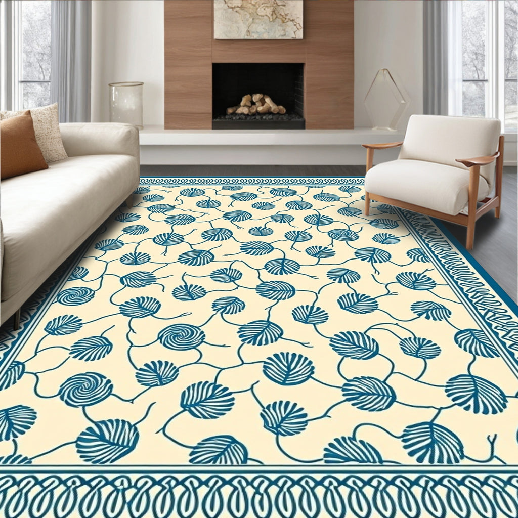 Cream and Teal Leaf Vine Border Rug
