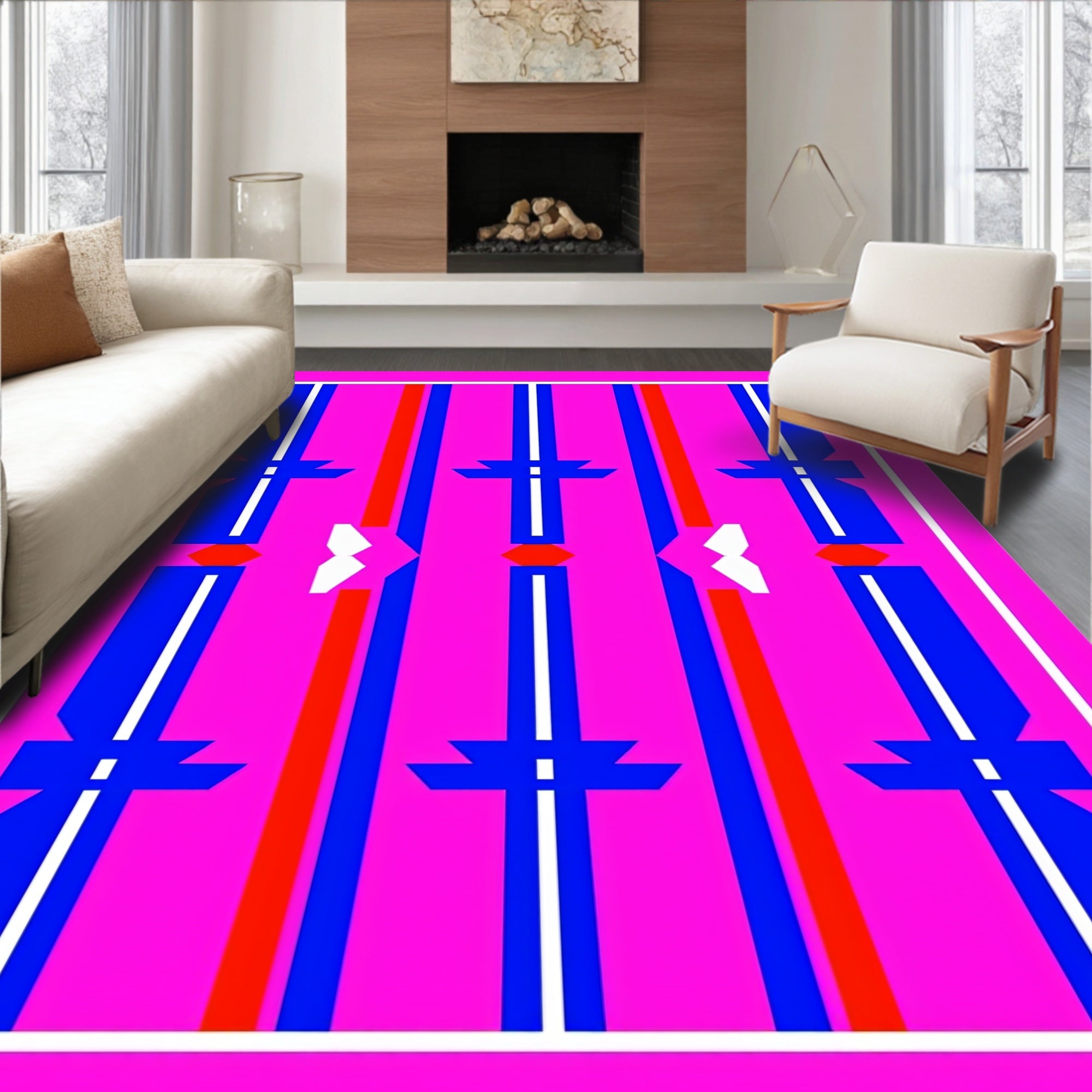 Vibrant Pink Blue Red Geometric Stripes Rug