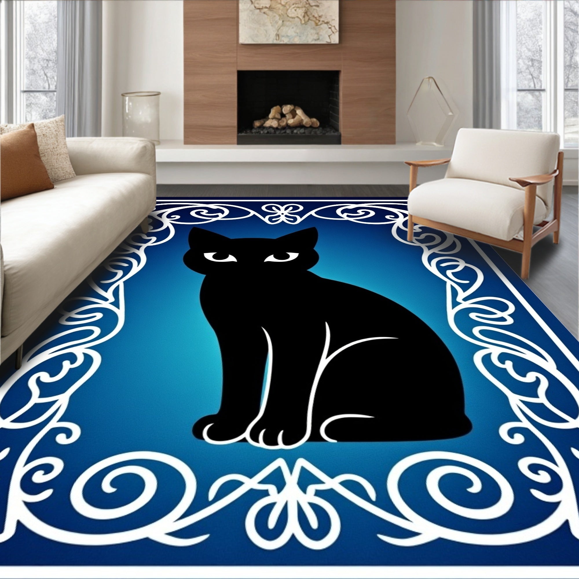 Mysterious Black Cat Blue Gradient Frame Rug