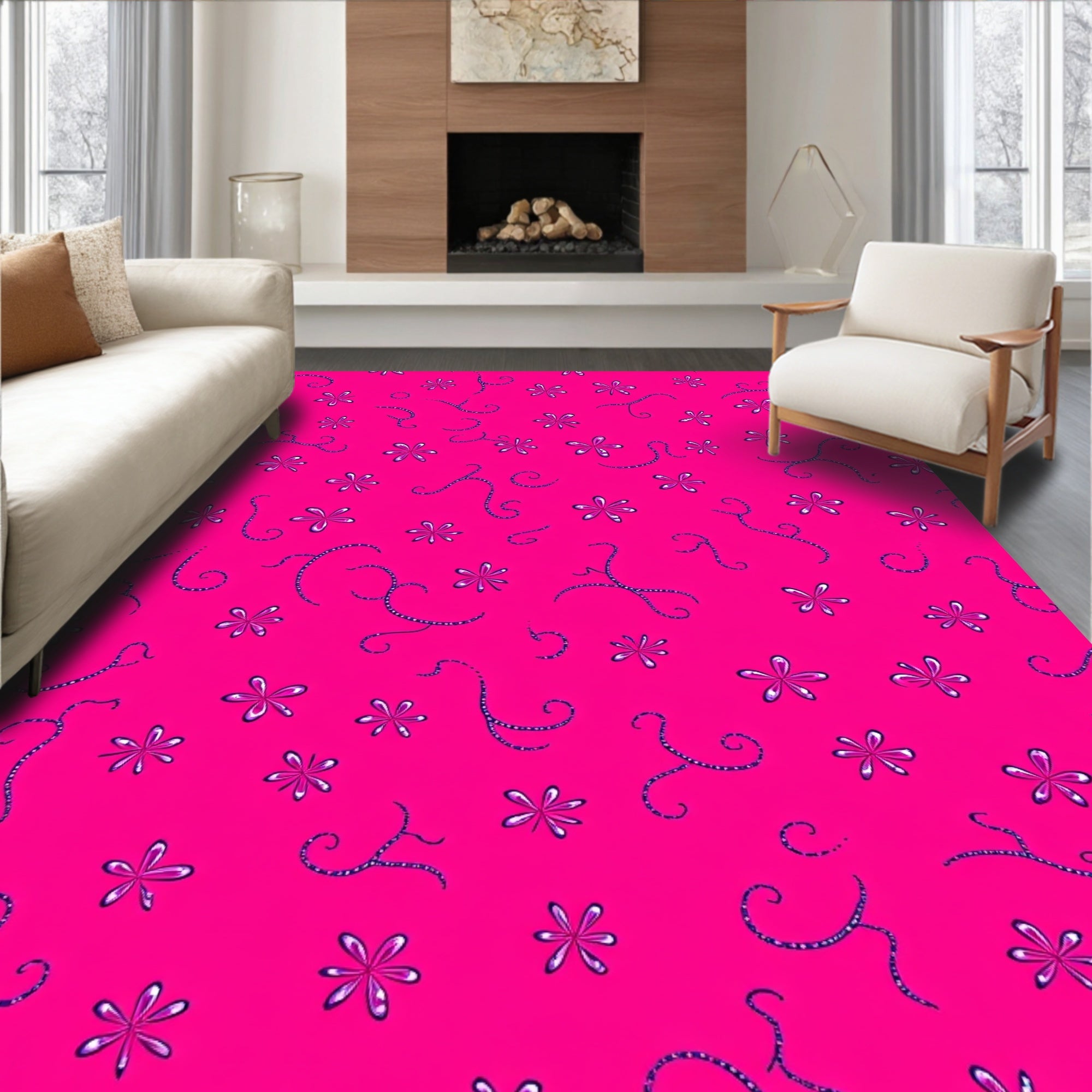 Hot Pink Floral Swirl Rug