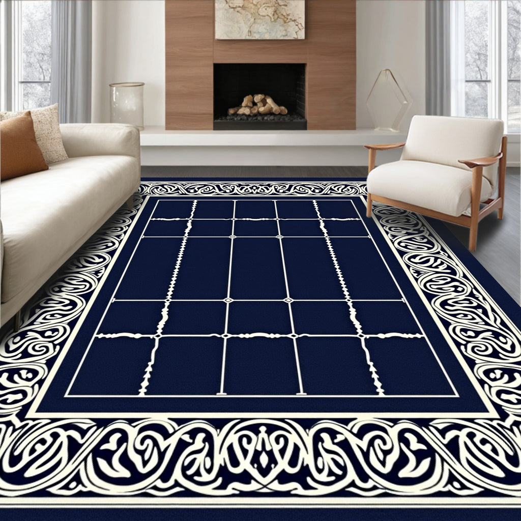 Navy Ivory Intricate Border Geometric Field Rug