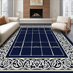 Navy Ivory Intricate Border Geometric Field Rug
