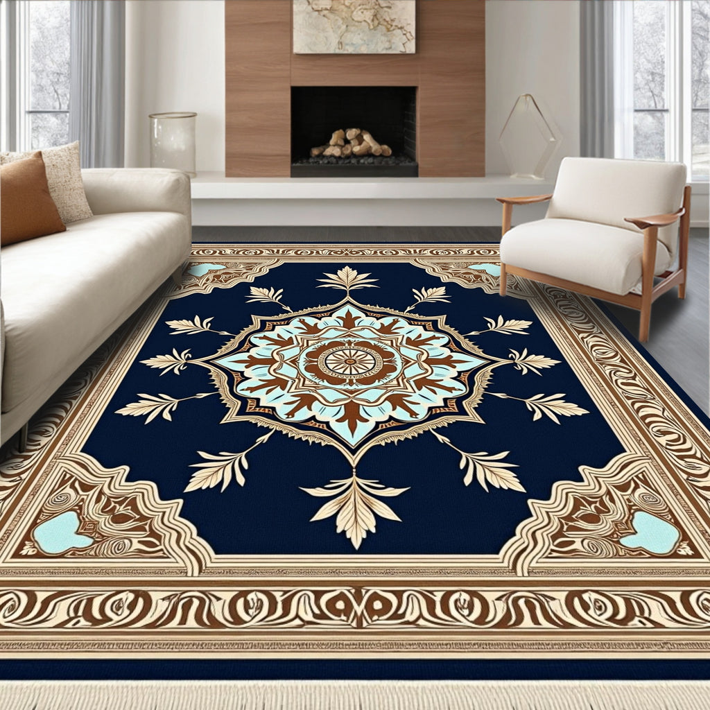 Classic Blue Brown Medallion Arabesque Rug