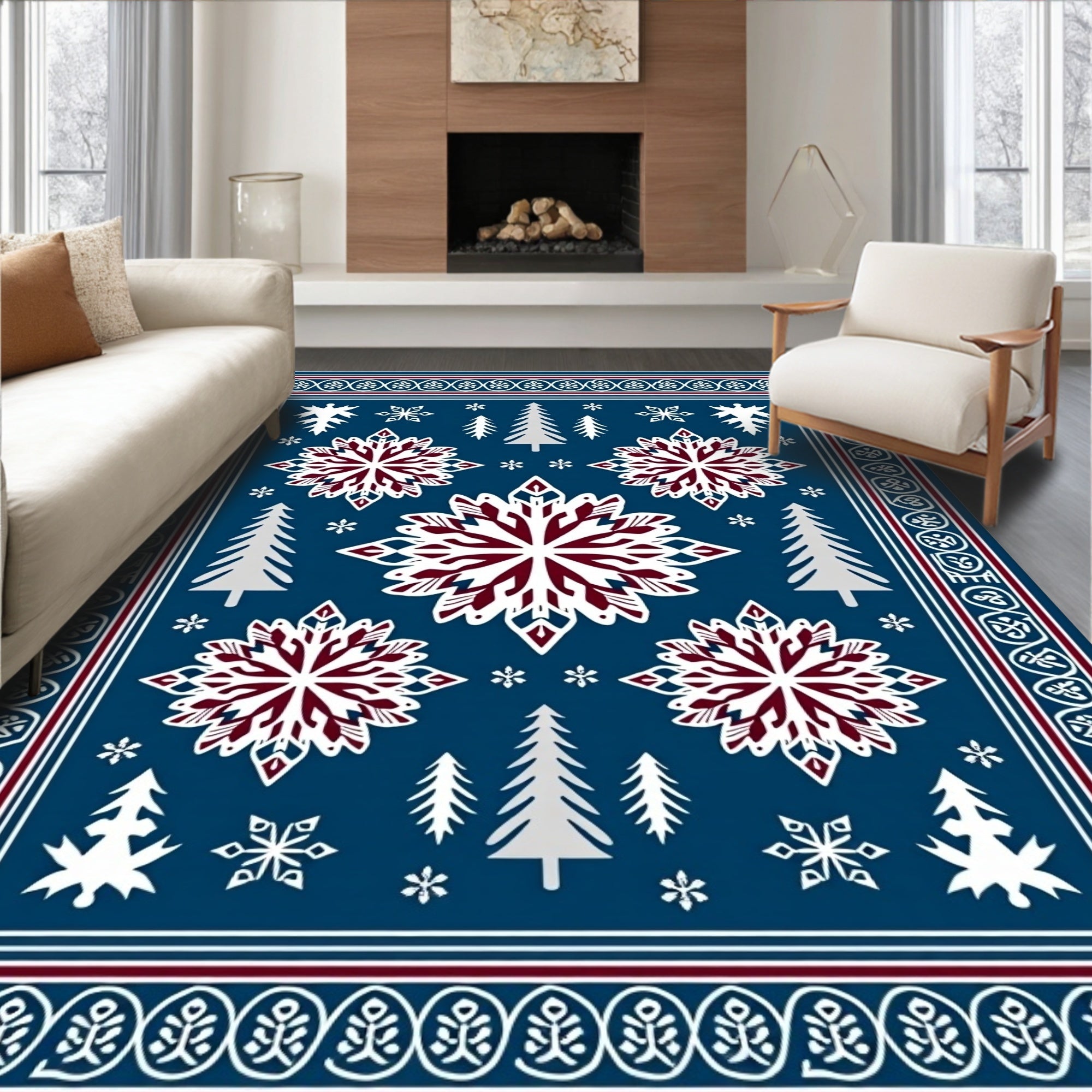 Winter Snowflake Forest Scene Rug