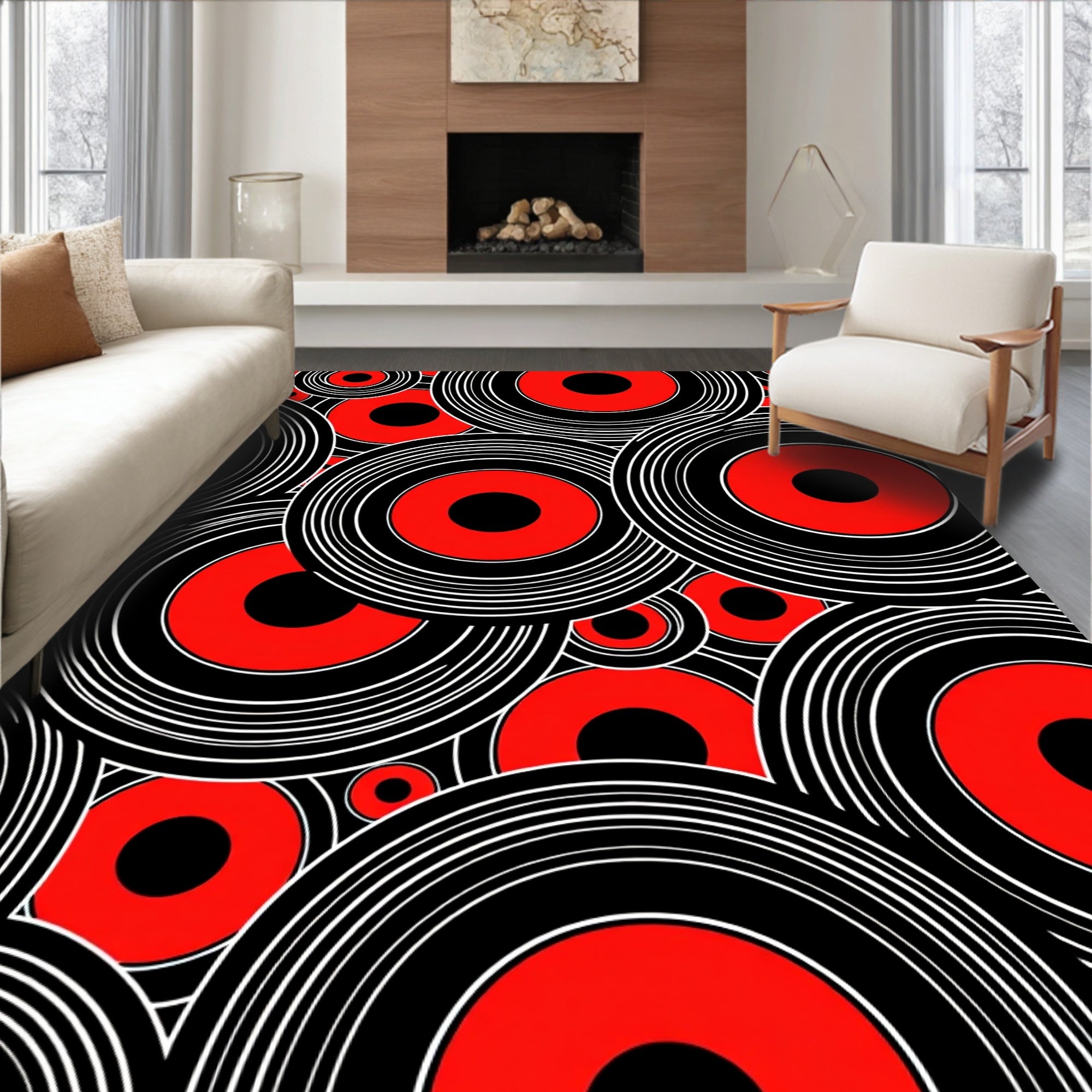 Retro Red Concentric Circles Rug