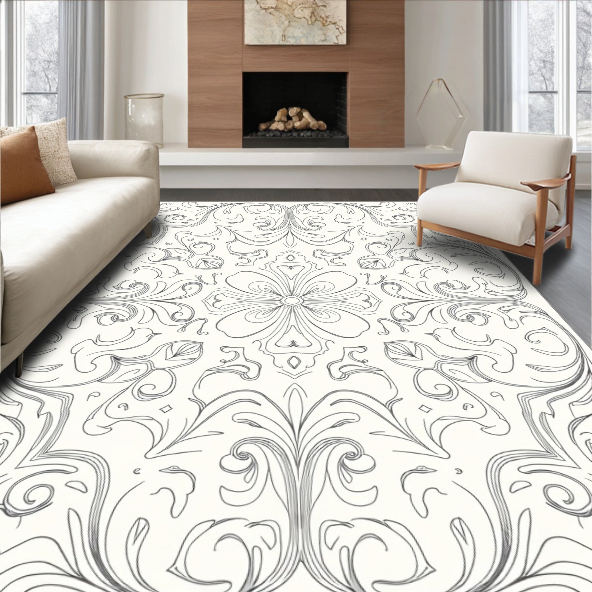 Ornamental Outline Floral Swirl Rug