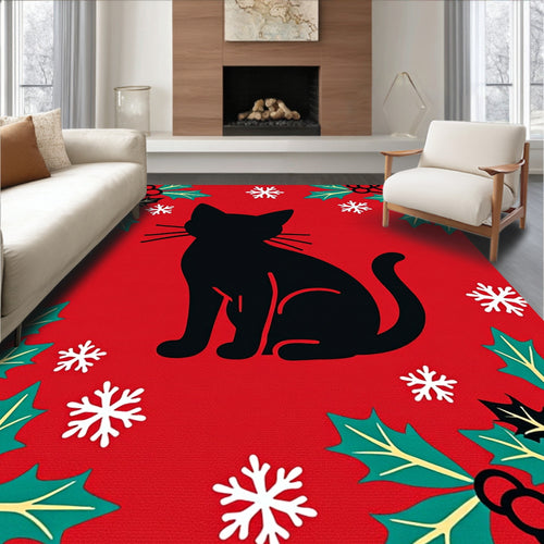 Black Cat Holly Snowflake Red Ground Rug