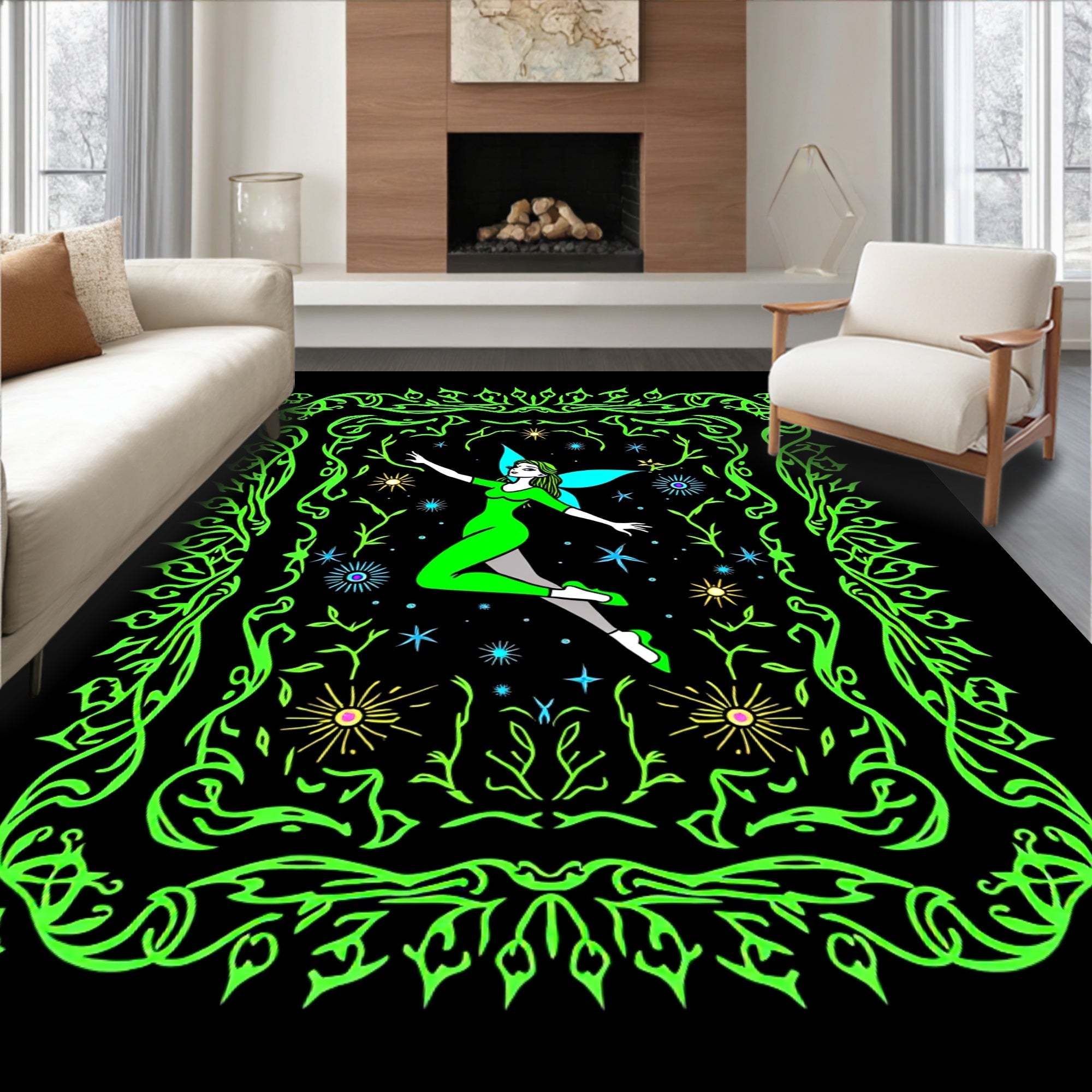Vibrant Green Neon Fairy Garden Frame Rug