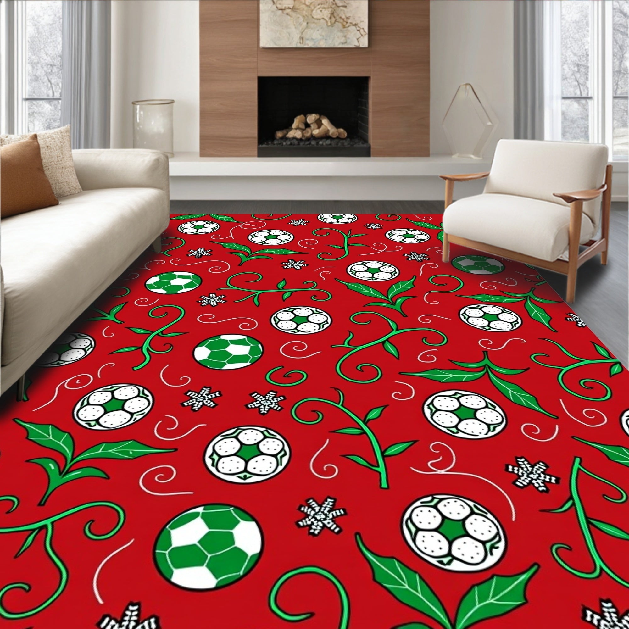 Red Football Vines Snowflakes Swirls Rug