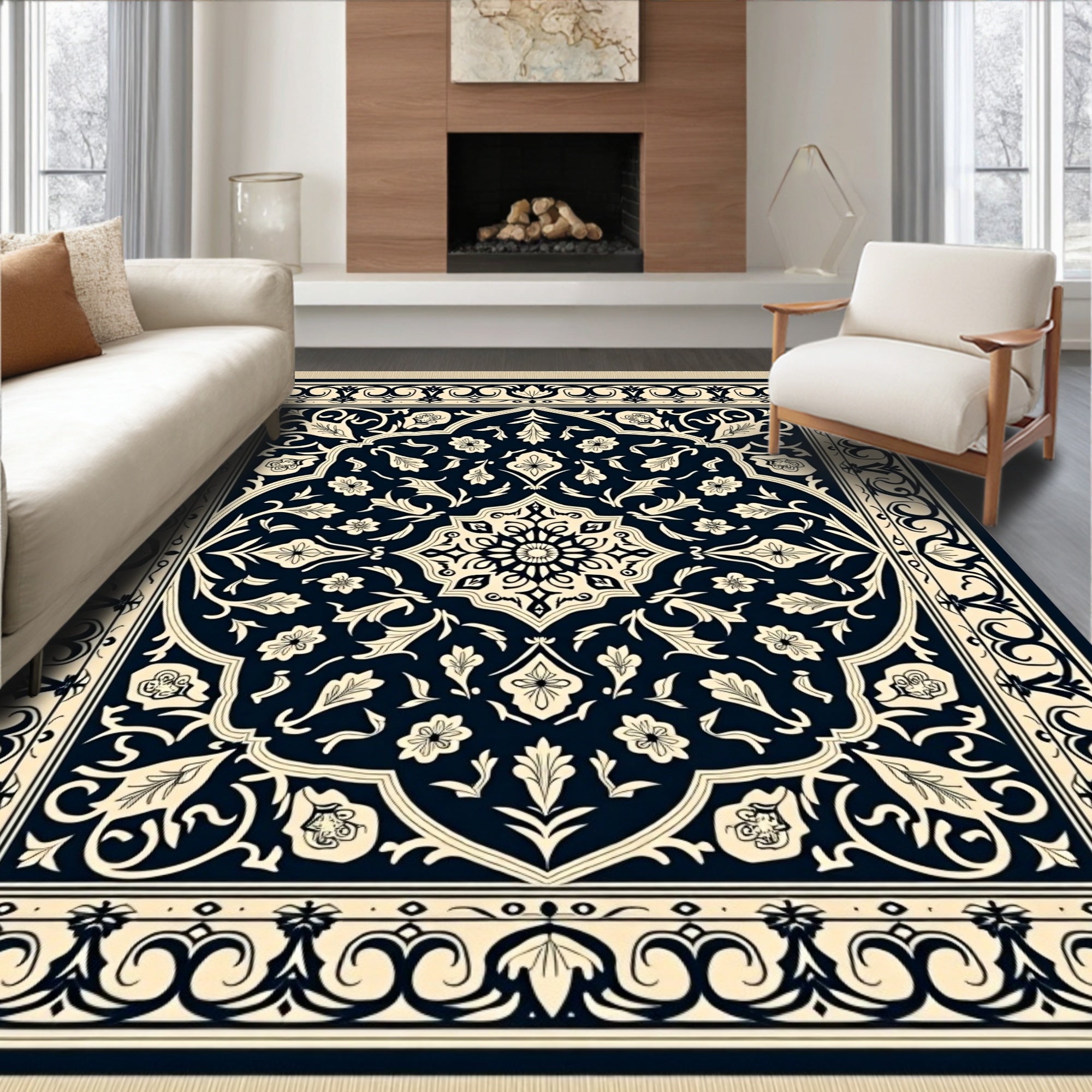Classic Navy Floral Medallion Rug