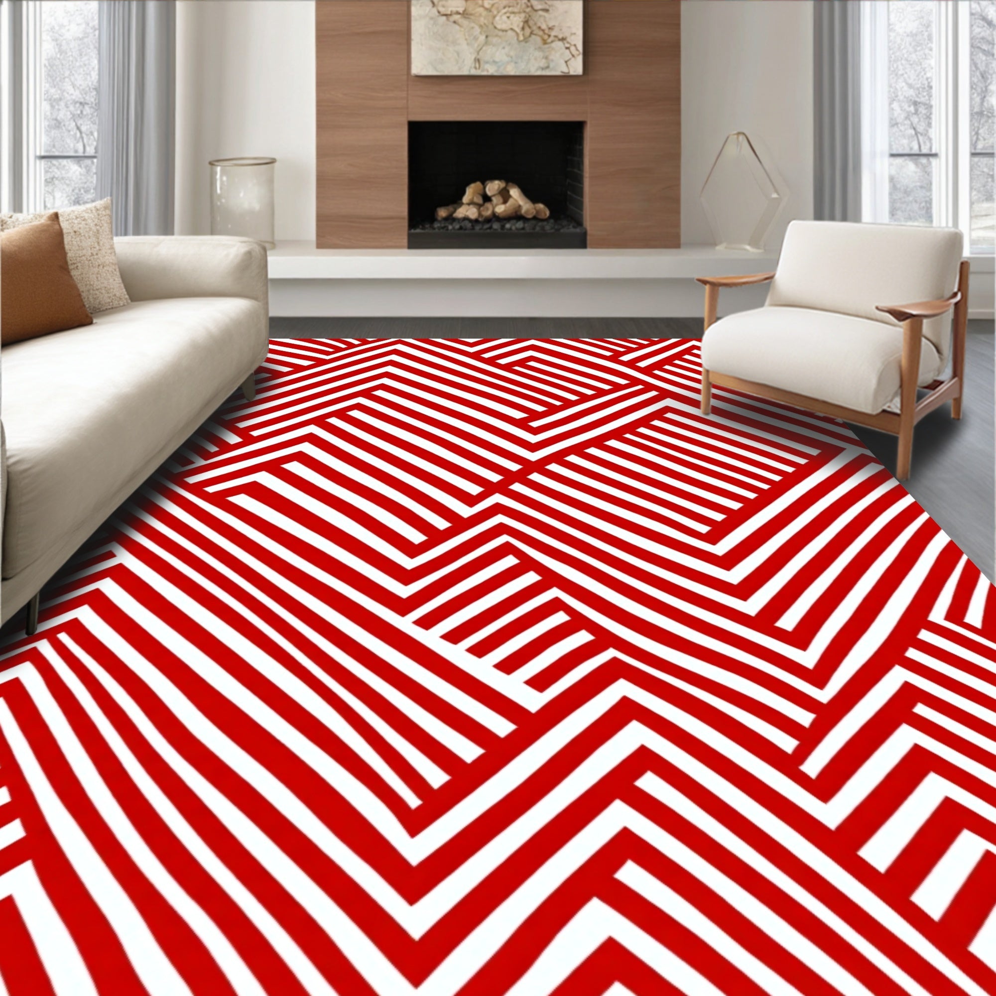 Crimson Geometric Interlocking Stripes Rug