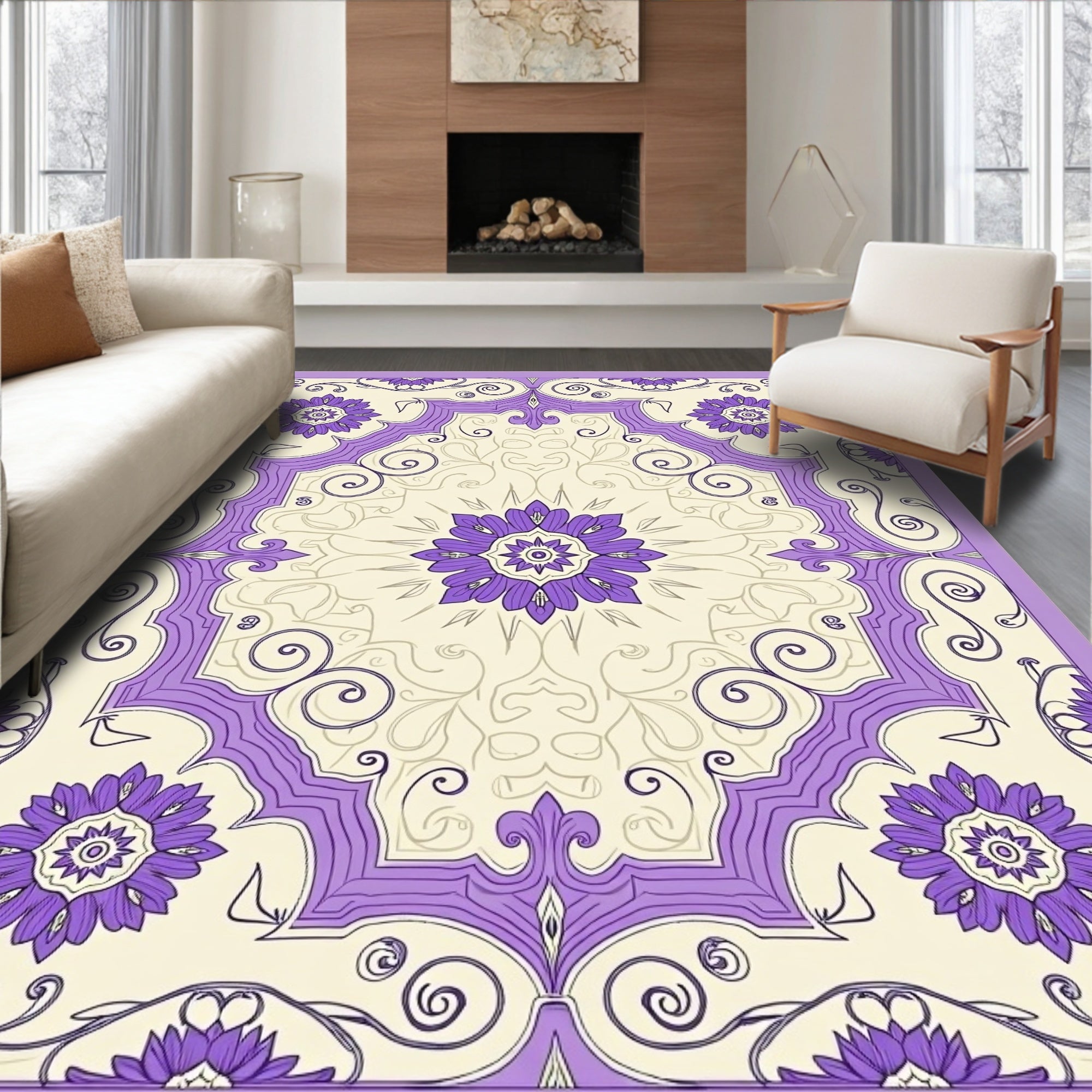 Purple Floral Medallion Ivory Rug