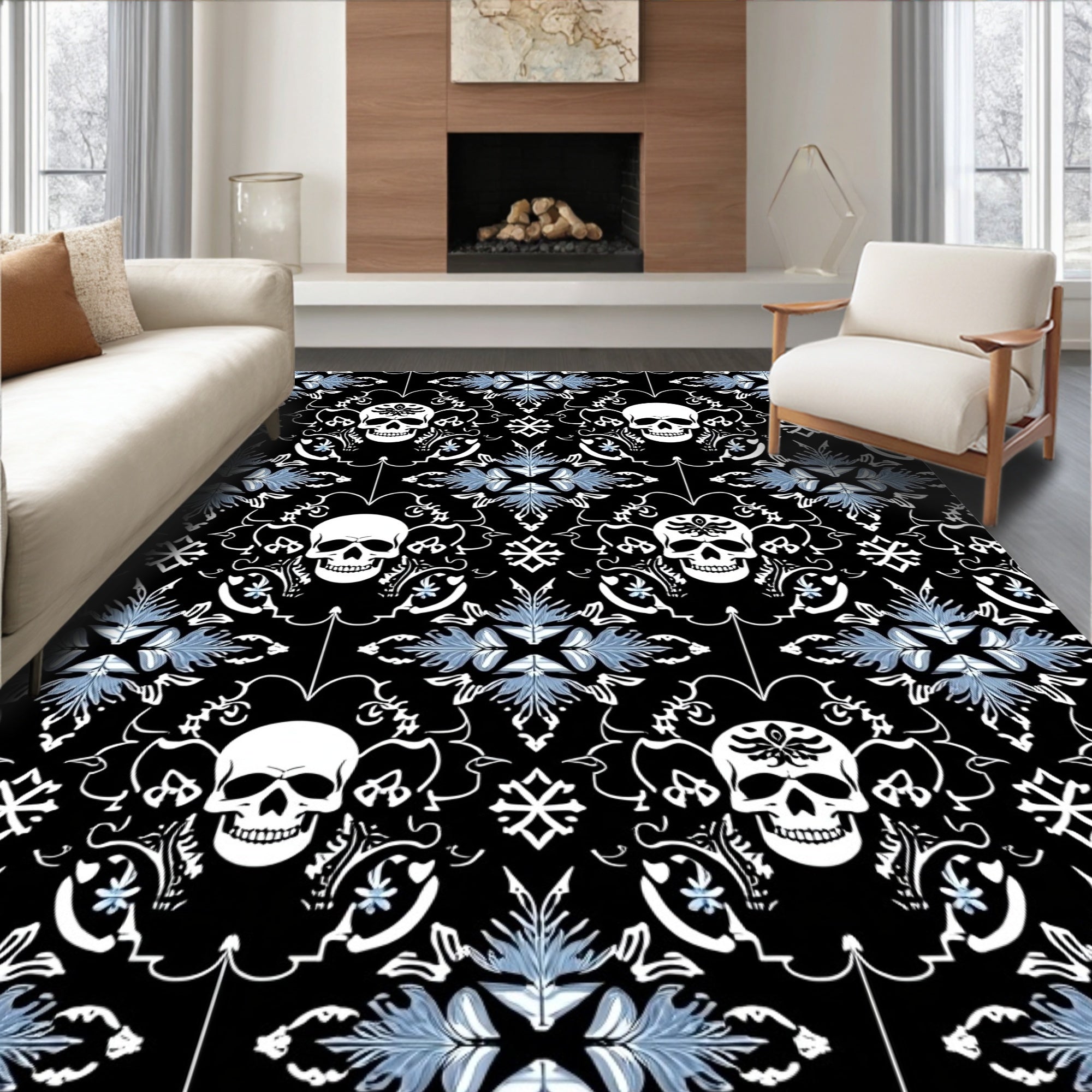 Black Skull Floral Damask Rug