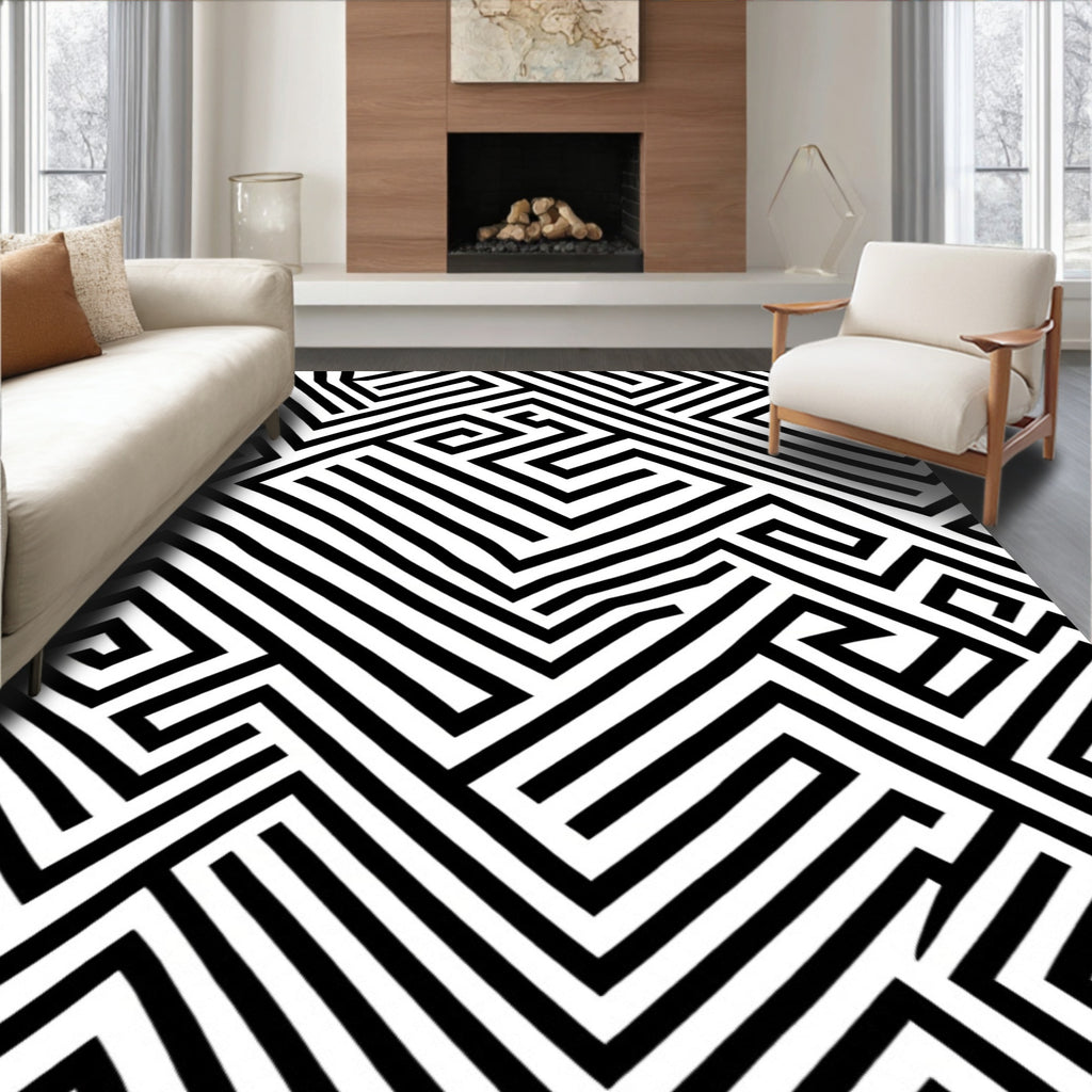 Black White Geometric Labyrinth Rug