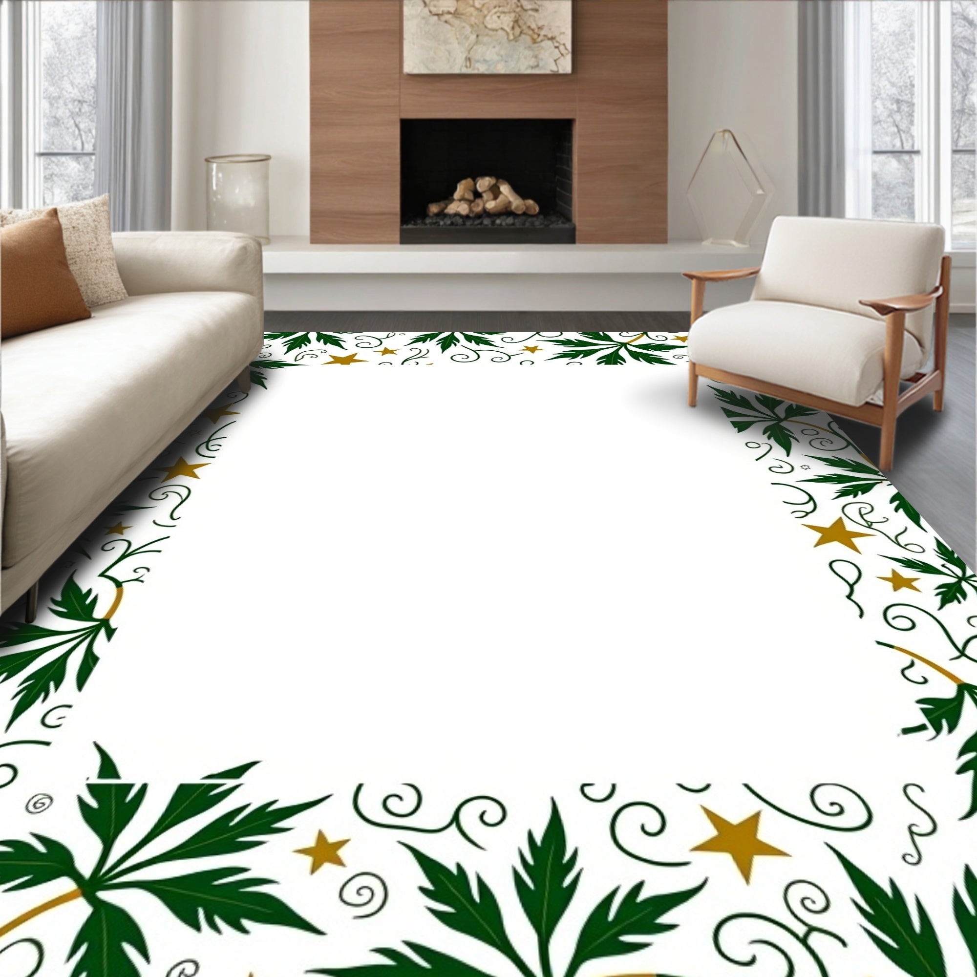 Forest Green Leafy Stars Swirl Rug