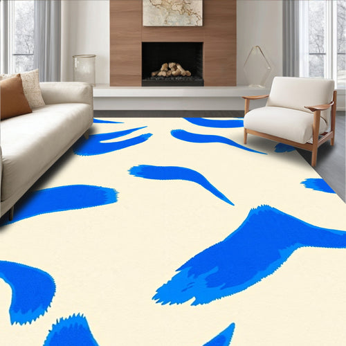 Abstract Blue Brush Strokes Cream Rug