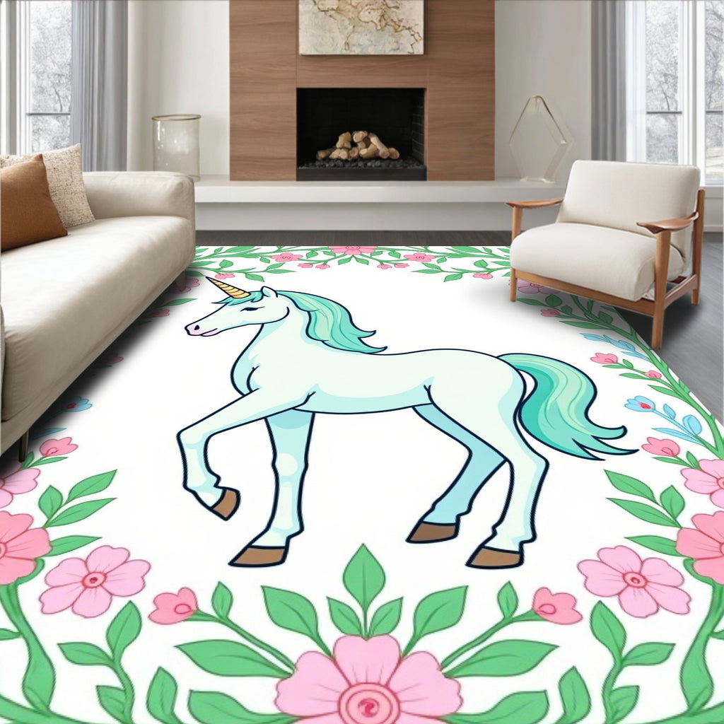 Whimsical Unicorn Pink Floral Garden Art Rug
