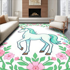 Whimsical Unicorn Pink Floral Garden Art Rug