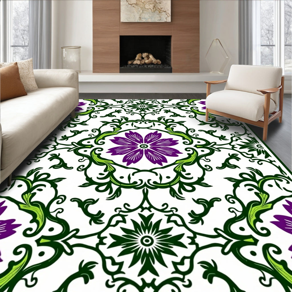 Vibrant Purple Green Floral Symmetry Rug