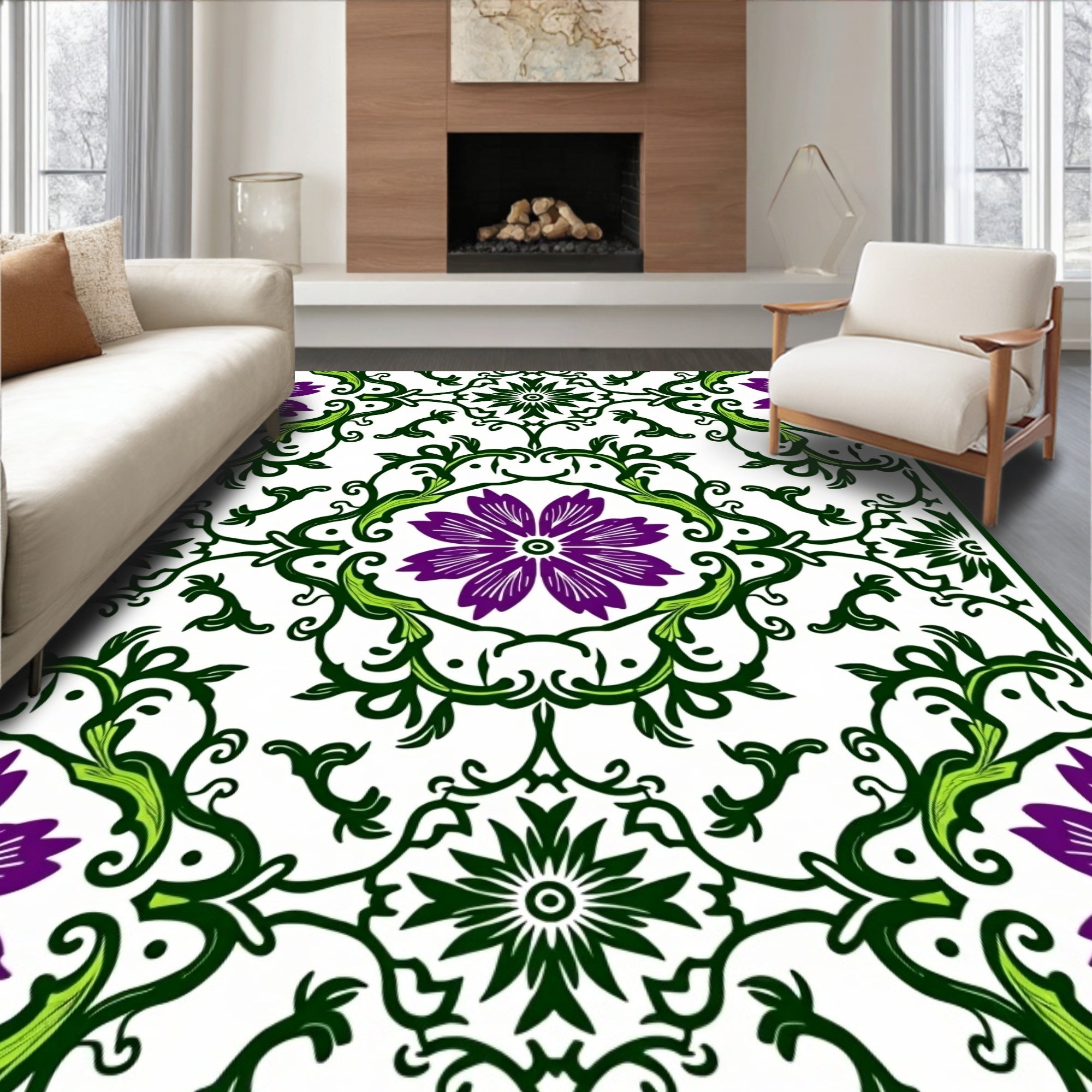 Vibrant Purple Green Floral Symmetry Rug