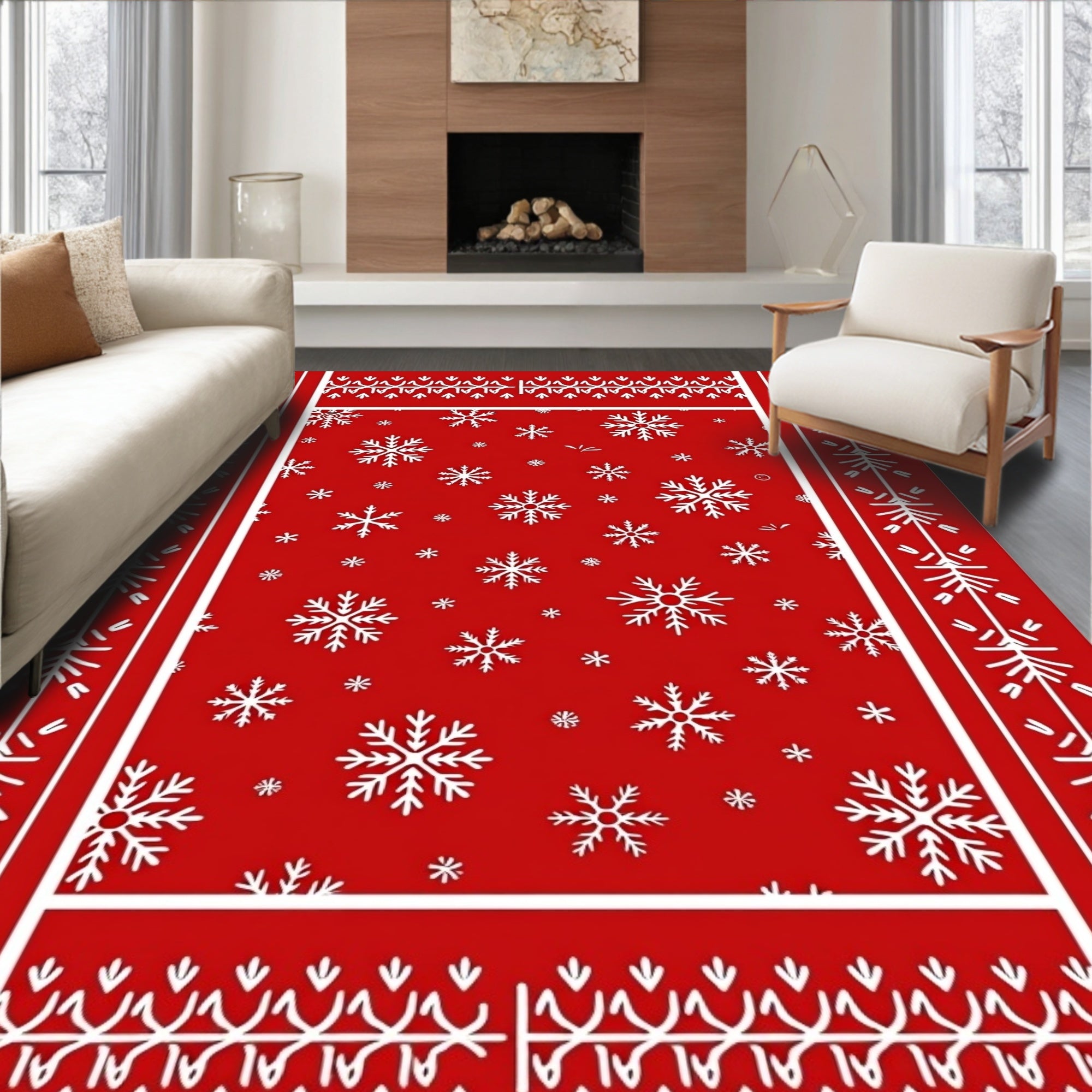 Red White Snowflake Festive Borders Rug
