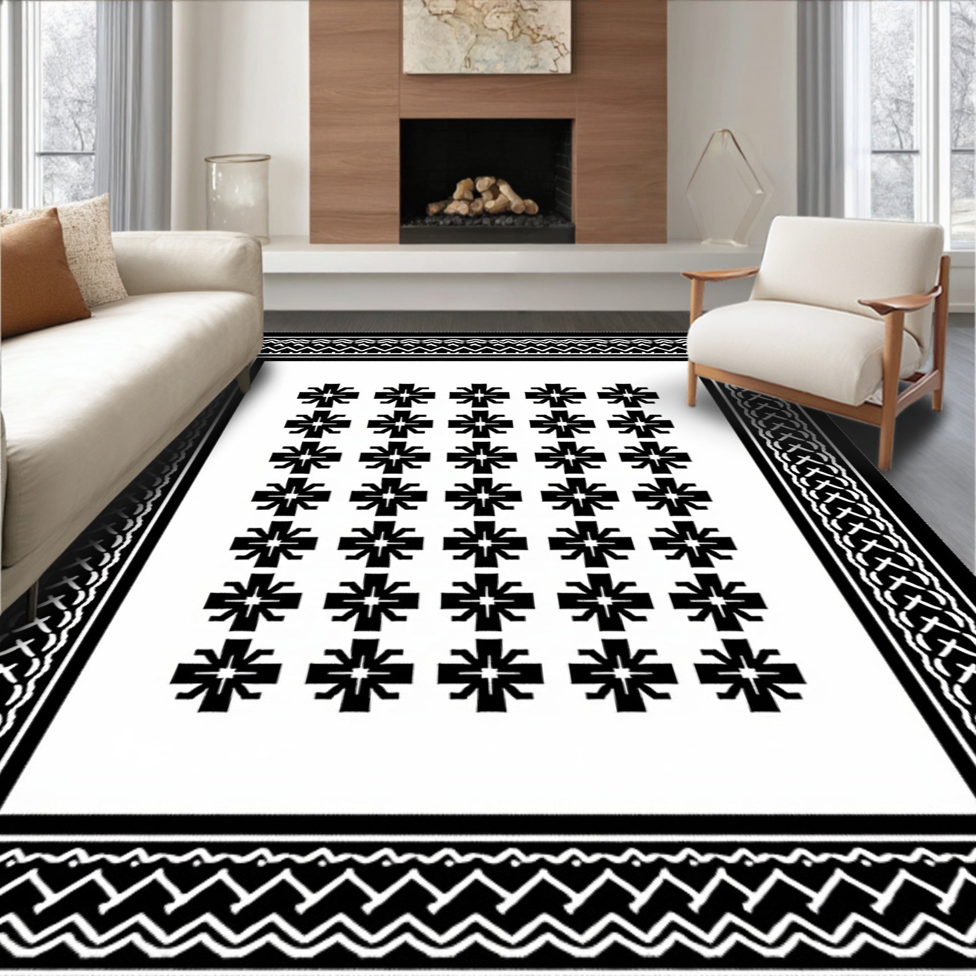 Monochrome Wide Border Starburst Rug