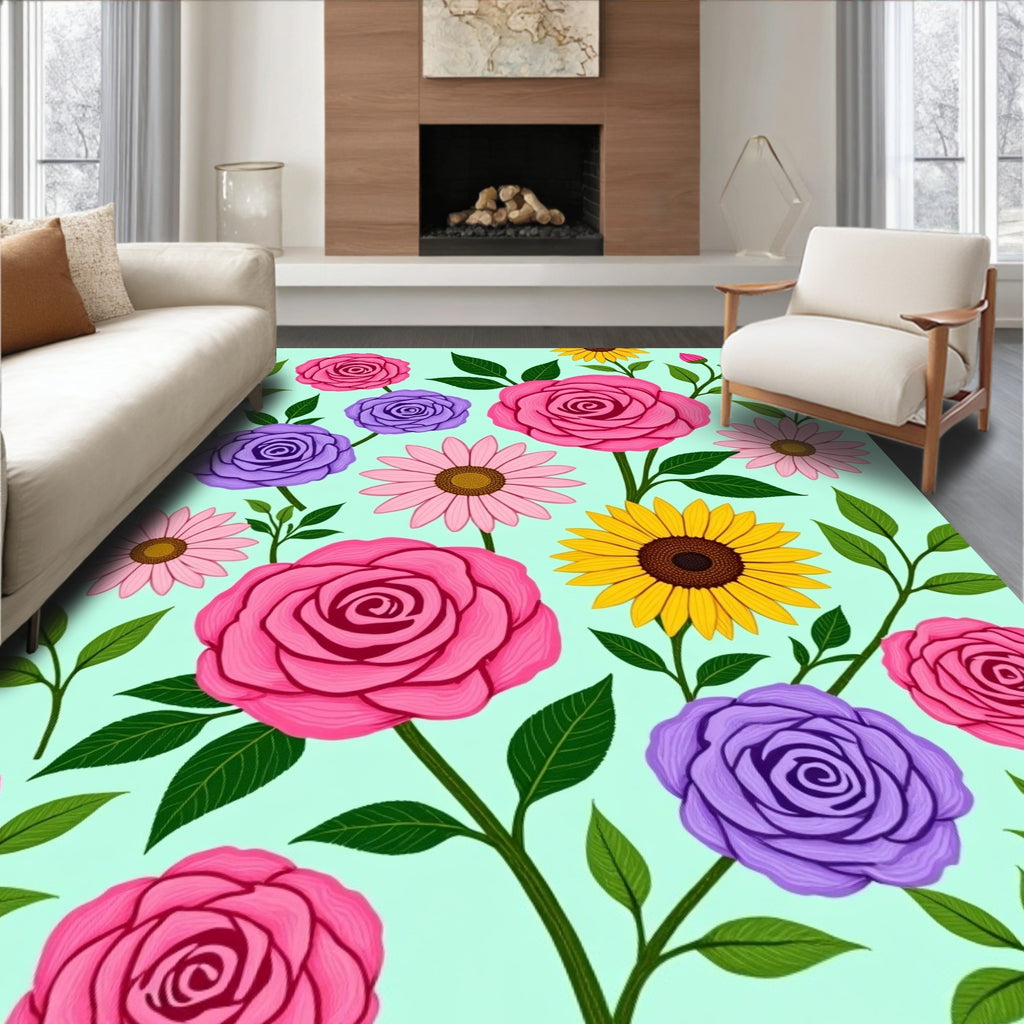 Bright Pink Roses Purple Floral Meadow Rug