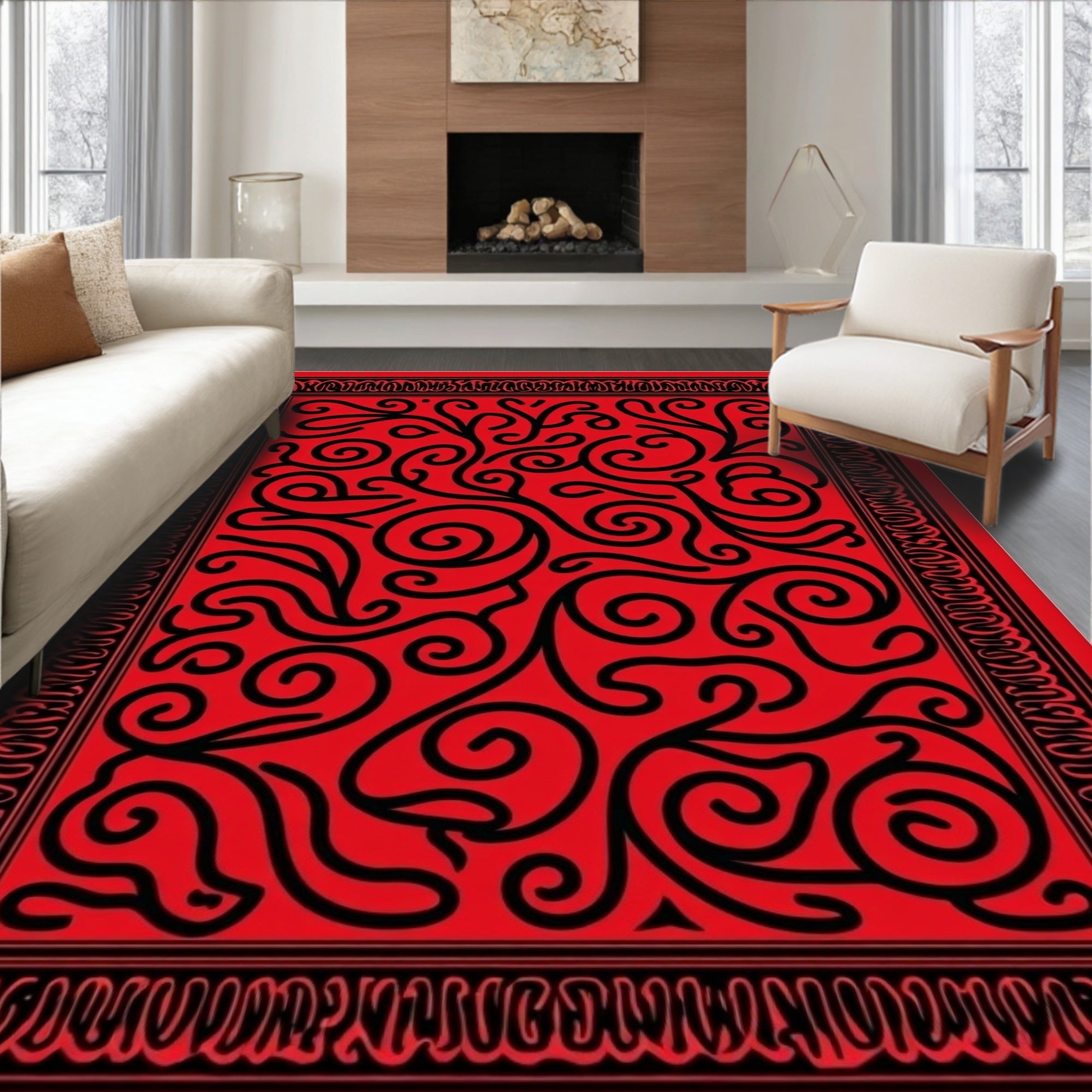 Bold Red Swirls Bordered Rug