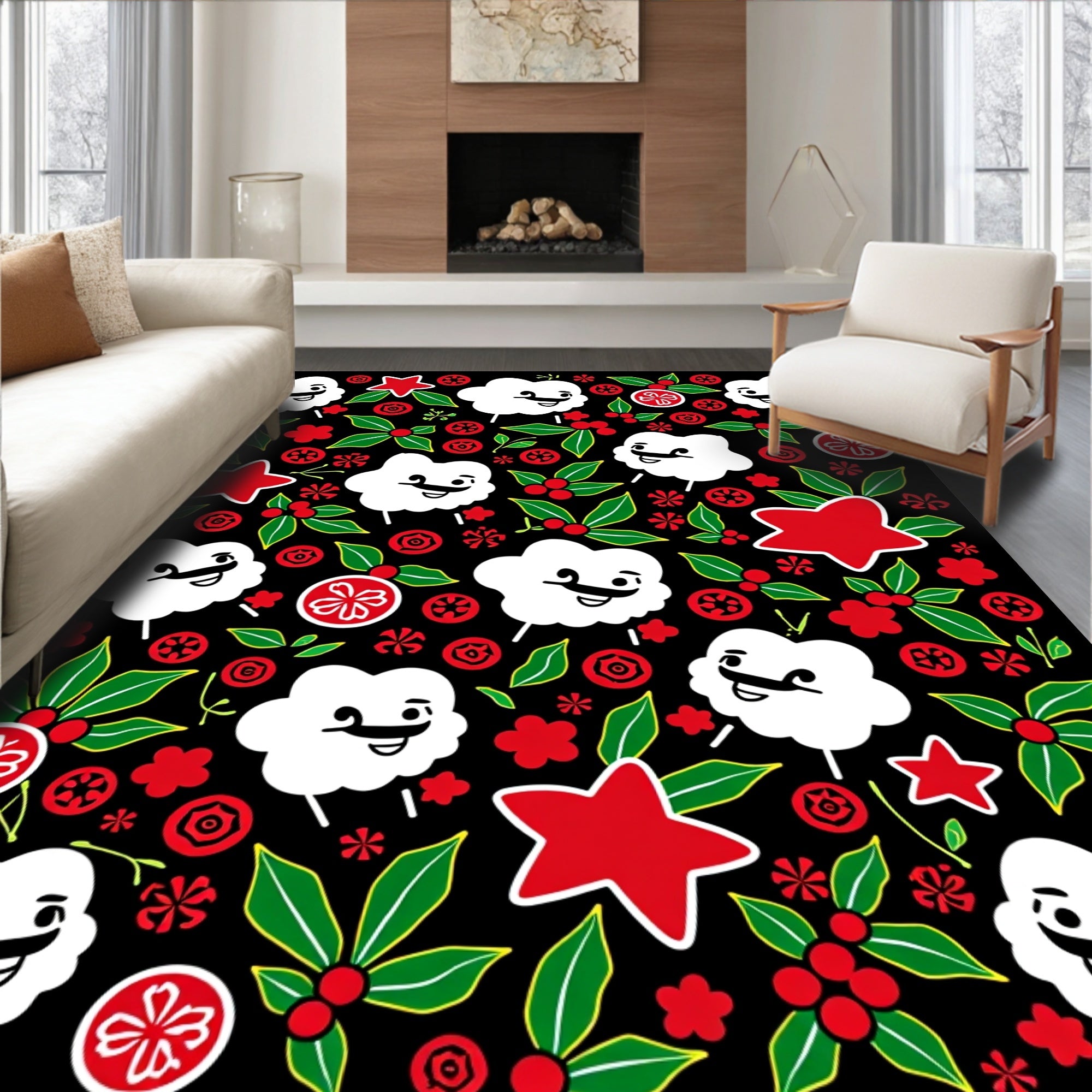 Whimsical Sheep Red Holly Stars Rug