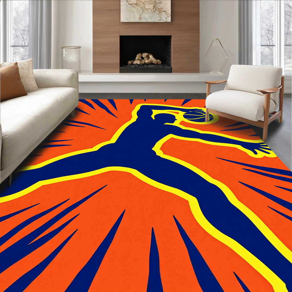 Energetic Blue Basketball Player Orange Burst Rug