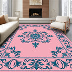 Teal Scrollwork Flourishes Accenting Pink Field Rug