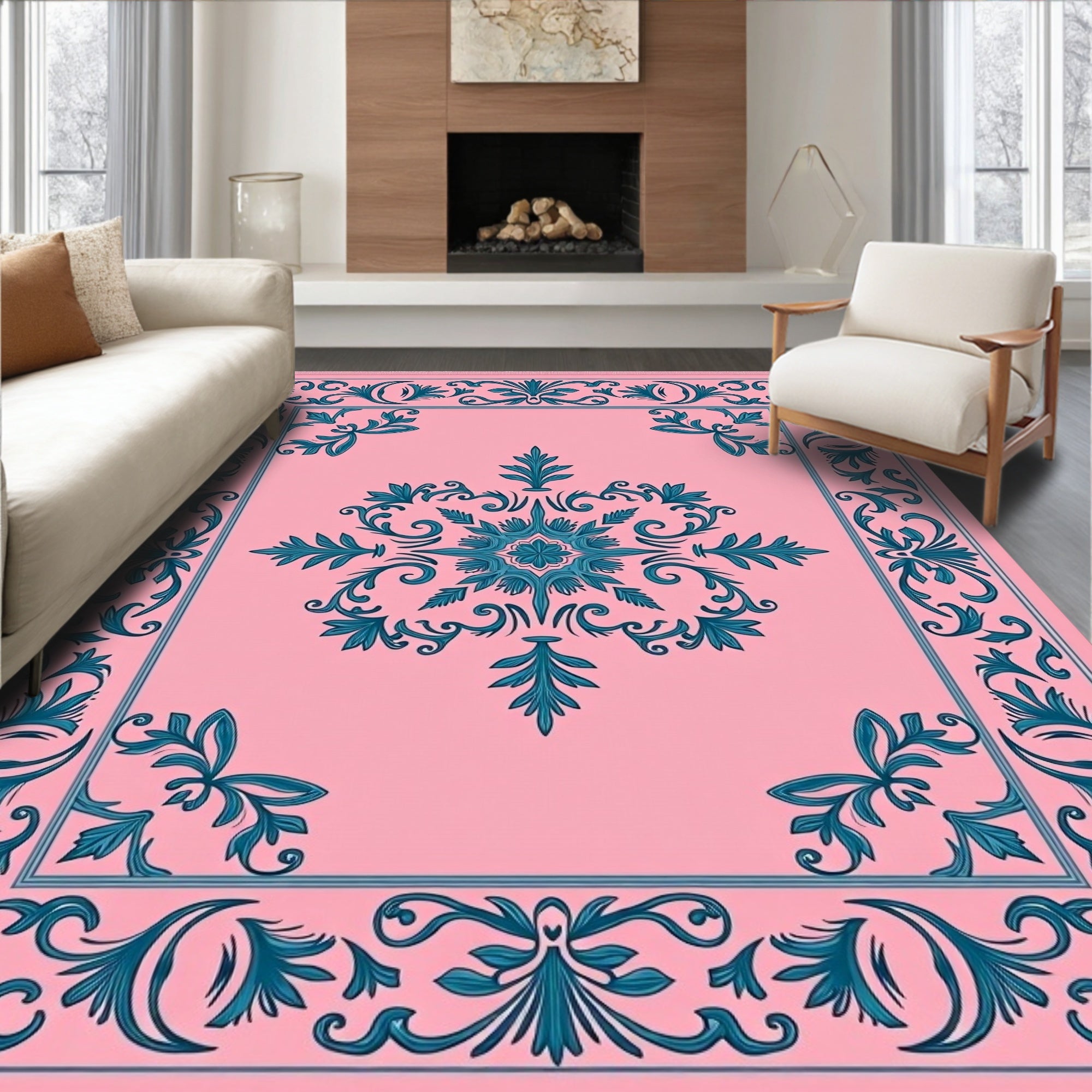 Teal Scrollwork Flourishes Accenting Pink Field Rug
