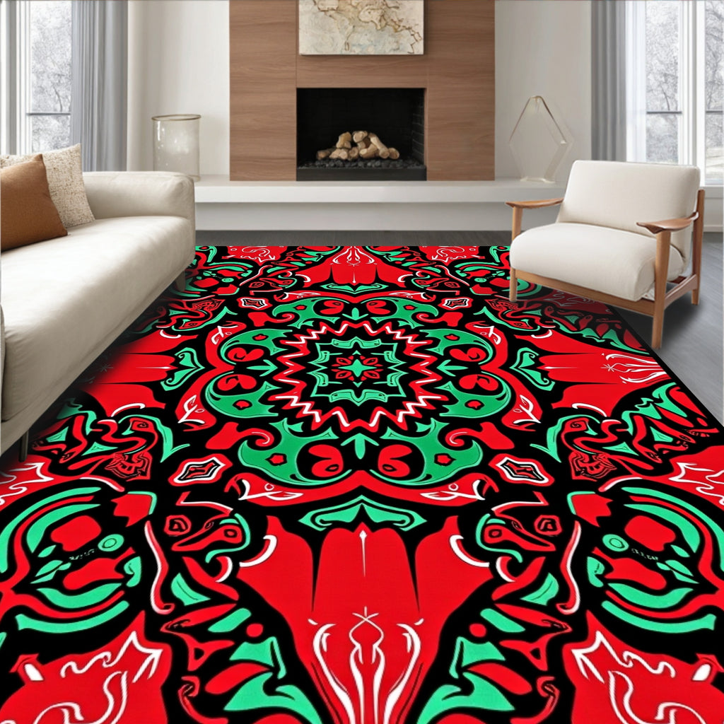 Vibrant Red Green Abstract Symmetry Rug