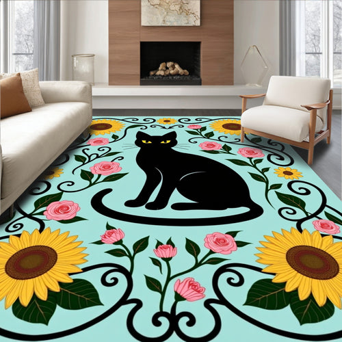 Black Cat Sunflowers Pink Roses Scrollwork Rug