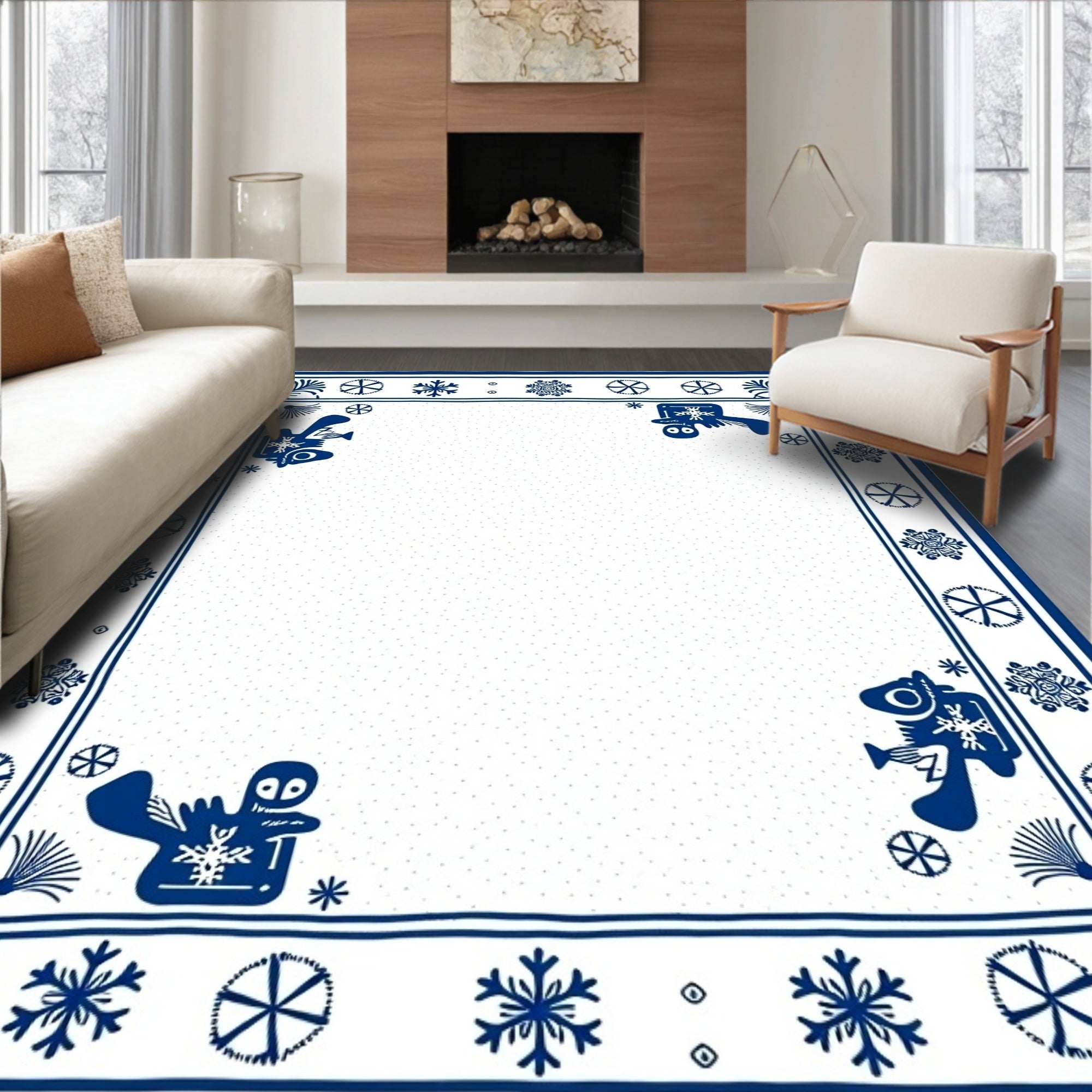 Whimsical Blue Snowflake Creatures Border Rug